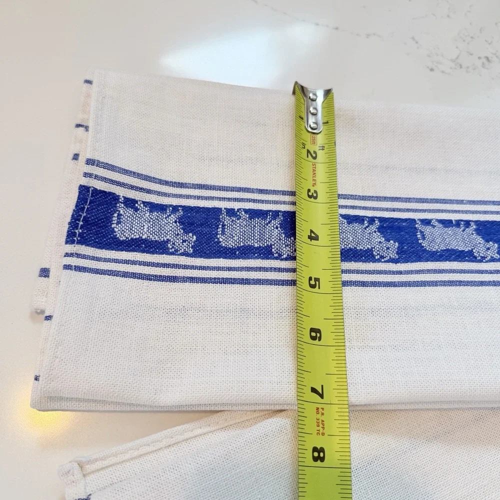 VTG Kitchen Dish Towel Blue White Stripe Shabby Farmhouse Hen Rooster NOS 4PC